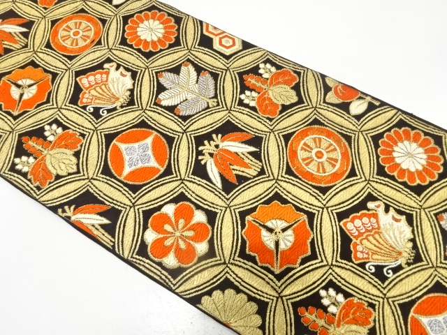 アンティーク　変わり七宝に松竹梅・菊・蝶模様織り出し袋帯（材料）